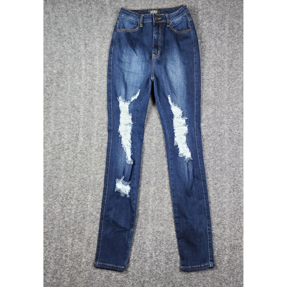 Akira Carla Skinny Jeans Womens 9‎ Dark Wash Blue Distressed High Rise Denim